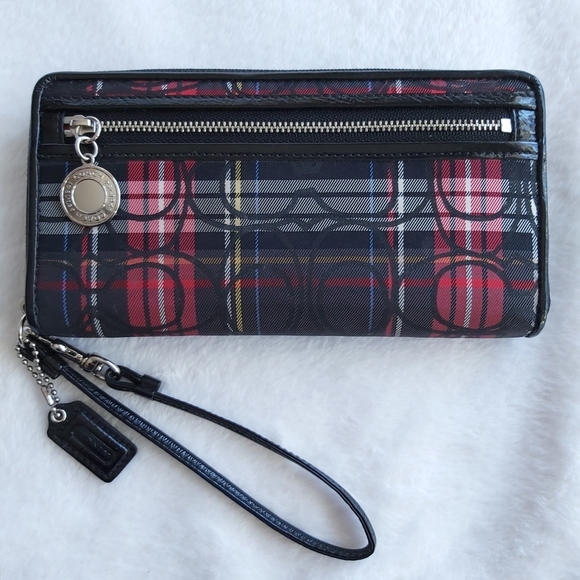 Coach Red & Black Tartan Zip Around Acordian Wristlet Wallet - Picture 1 of 13